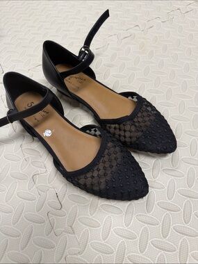 Seychelles Black Pointed Mesh Ankle-Strap Flats